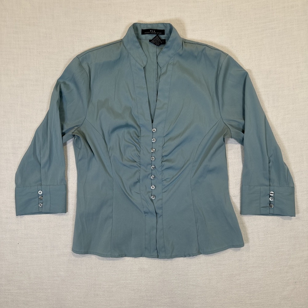 Heart Moon Star Light Blue Long Sleeve Button Up Blouse Size Large Dress Shirt
